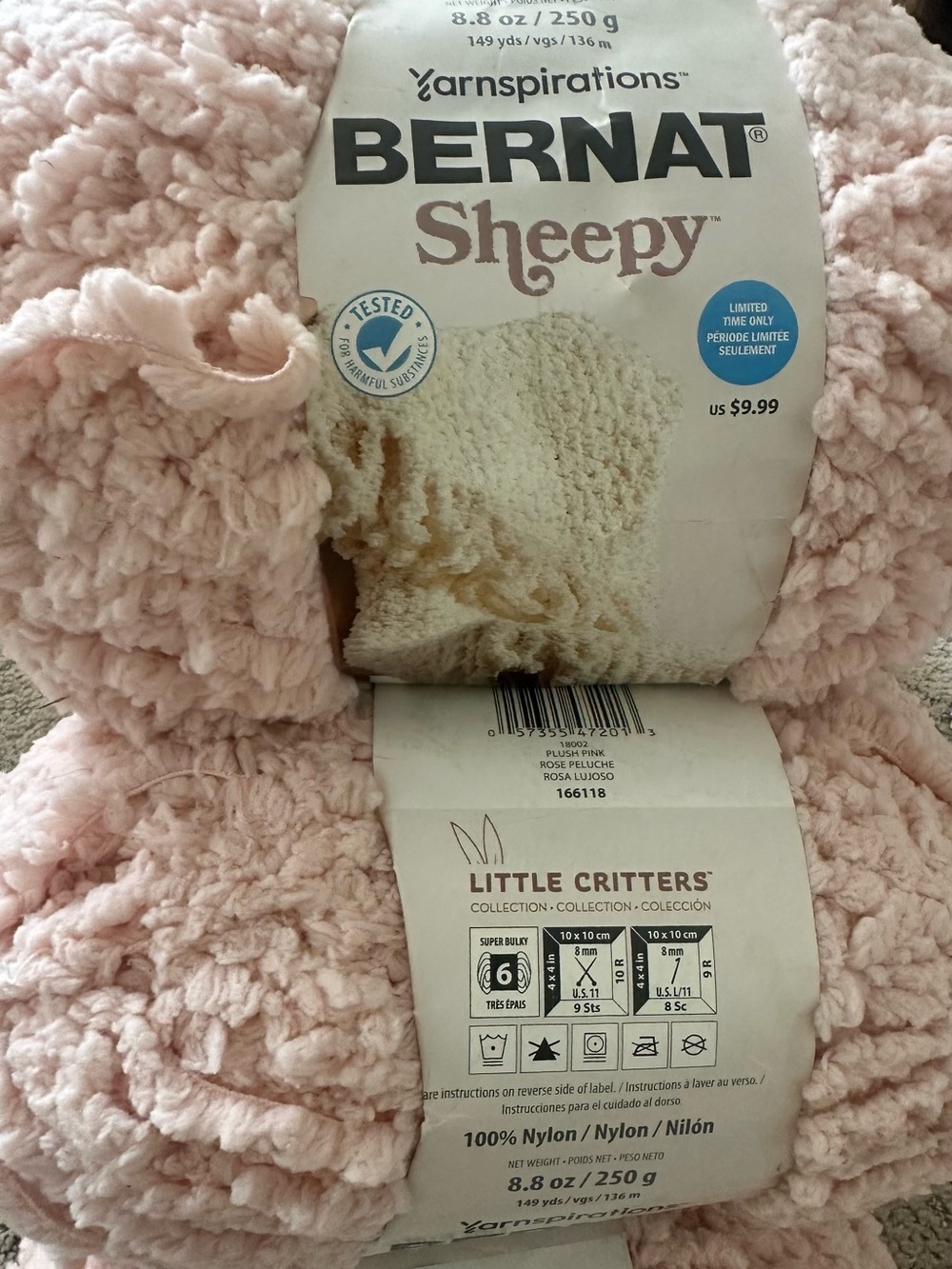 Bernat Sheepy Plush Yarn Lot of 6 Same Dye Lot- Soft Pink